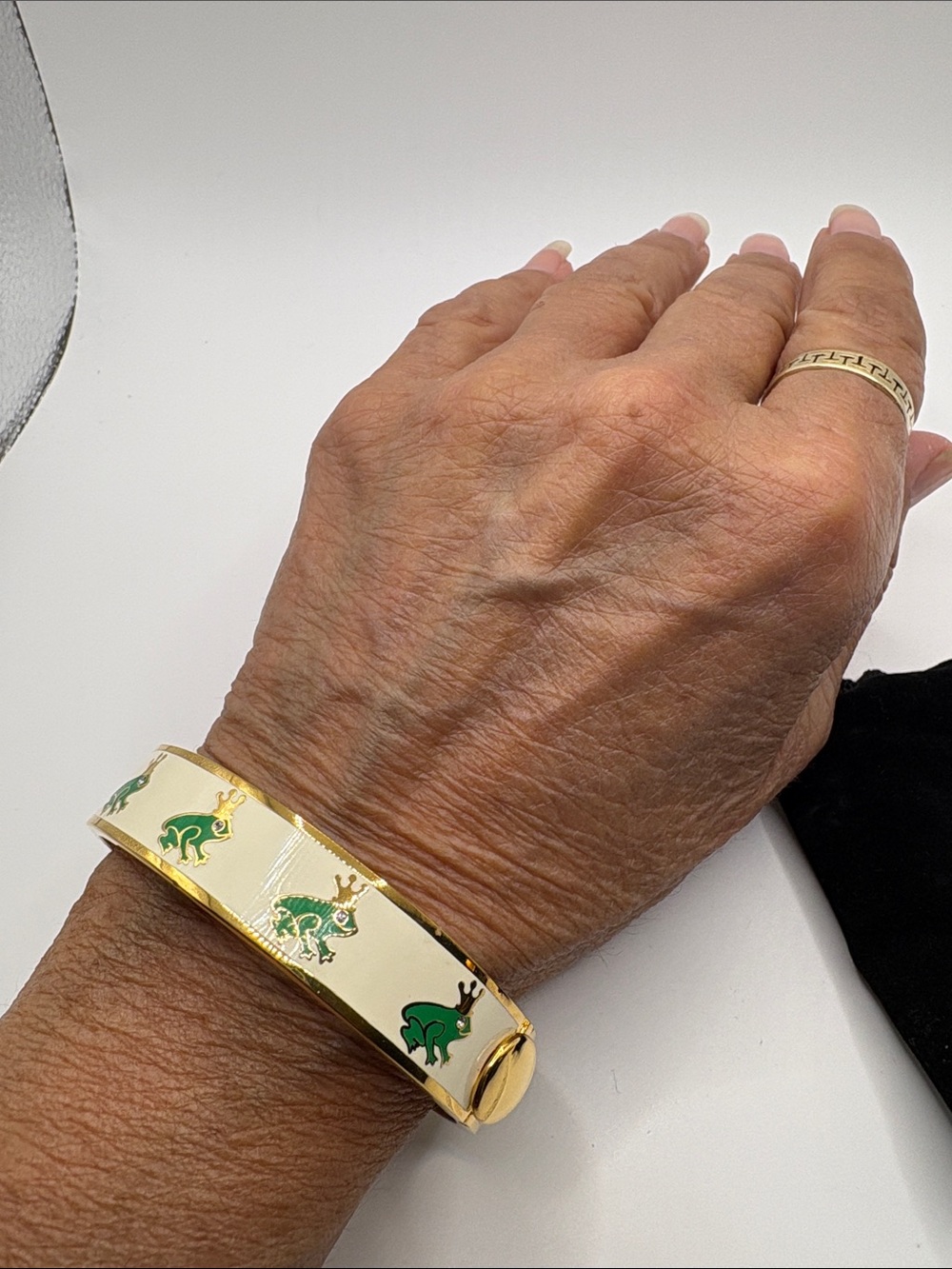Halcyon Days 18K Plated Gold & white Frog Enamel Bangle